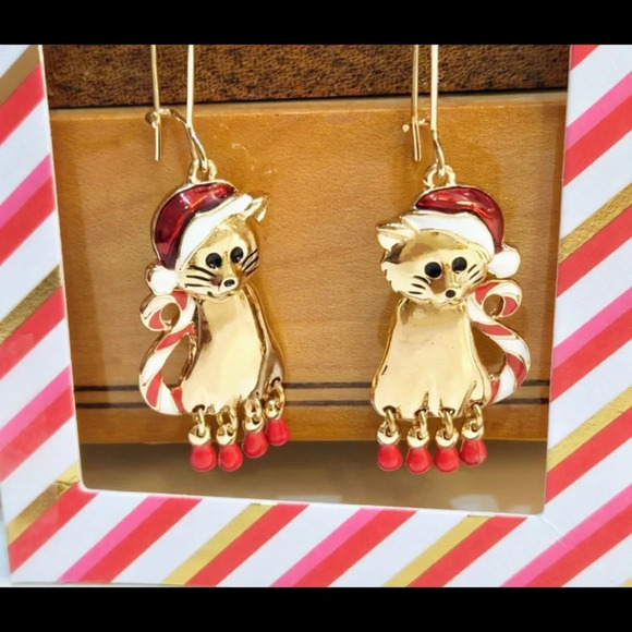 JINGLE & JOY Christmas Santa Cats Kittens Earrings with Moving Stocking Feet NWT - Picture 2 of 3
